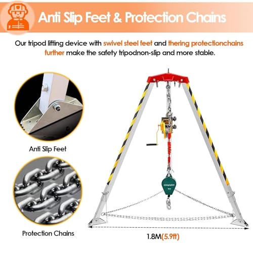 Kit de Protection antichute pour trépied en Aluminium - Système de Sauvetage Robuste pour espaces confinés, capacité de 1 200 à 2 600 LB, treuil Inclus, idéal pour Les Regards et l