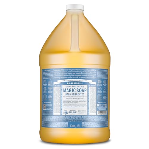 Image of Dr. Bronner's Pure-Castile Magic Soap Liquid (Baby Unscented, 1 Gallon) – Made with Regenerative Organic Certified Oils- For Sensitive Skin, Babies, Face, Hair, Laundry, Dishes, Hand Soap & Body Wash