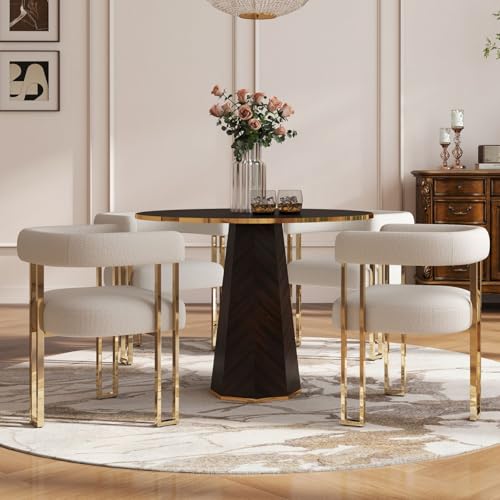 Hyfirm Set of 4 Modern White Boucle Dining Chairs with Gold Metal Legs, Mid Century Accent Upholstered Barrel Armchairs with Open-Back for Kitchen, Dining Room, Living Room, Apartment