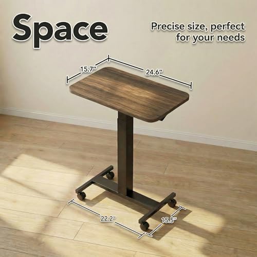 Image of HUANUO Small Rolling Laptop Standing Desk, Height Adjustable Mobile T-Base Desk with Lockable Casters, Portable Sit-Stand Workstation for Bedside & Sofa, Walnut