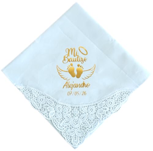 Lenço para batismo personalizado com nome e data, pano 35 x 35 cm com ponta num canto, branco, 1 unidade