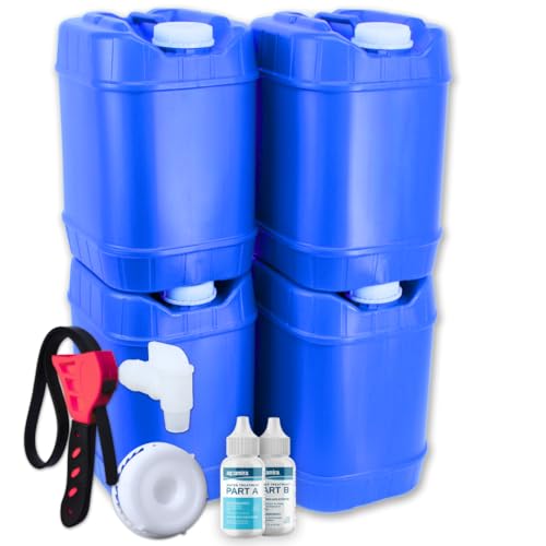 Aguaprep 5-Gallon Stackable Water Storage Containers, Water Treatment,5 Gallons Each w/Lids + Spigot, Easy Fill, Survial Supply Emergency Water Storage for Disaster Preparedness, 20 Gallon (4 Tanks)