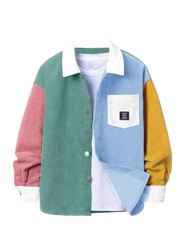 Image of SHENHE Men's Colorblock Button Down Shirt Jacket Collared Loose Corduroy Shacket Jacket Streetwear