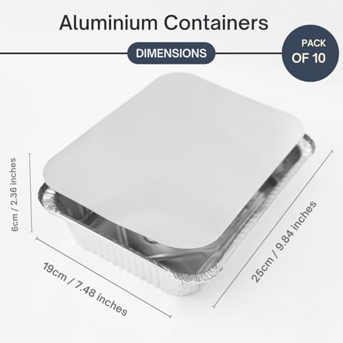 HOMESmith 10 Pack Aluminium Foil Trays with Lids Containers Strong and Large Tin Foil Food Take Away Container Disposable Food Take Out Box with Lid|1 Litre Square |, Silver