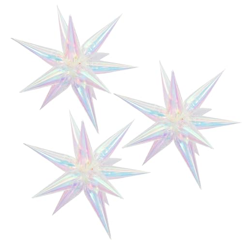 Image of 3pcs 26inch 3D iridescent Laser transparency(colorful) Explosion Star foil balloon, iridescent transparency Foil Cone Star burst Balloons for Birthday Wedding New Year Party Event