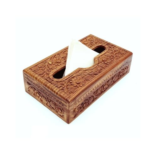 Image of Handmade Wooden Tissue Box Napkin Holder 10 x 6 Inch | Tissue holder for Dinning Table | Tissue box holder | Tissue paper holder for Facial Napkins | Tissue Box for Car (Carving)