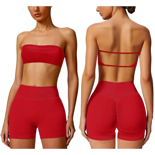 ABOCIW Workout Sets for Women Backless Bandeau Sports Bra Seamless Scunch Butt Lifting High Waist Biker Shorts Gym Set