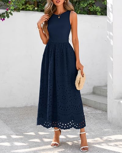 Image of dowerme Women Summer Dresses 2026 Casual Sleeveless Crewneck A-Line Boho Lace Eyelet Cotton Tank Maxi Dress with Pockets