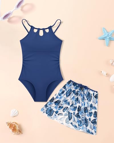 Image of Redair Girls Swimsuit One Piece Swimwear with Tropical Printed Cover Up Skirt Girls Bathing Suits Set 7-16 Years