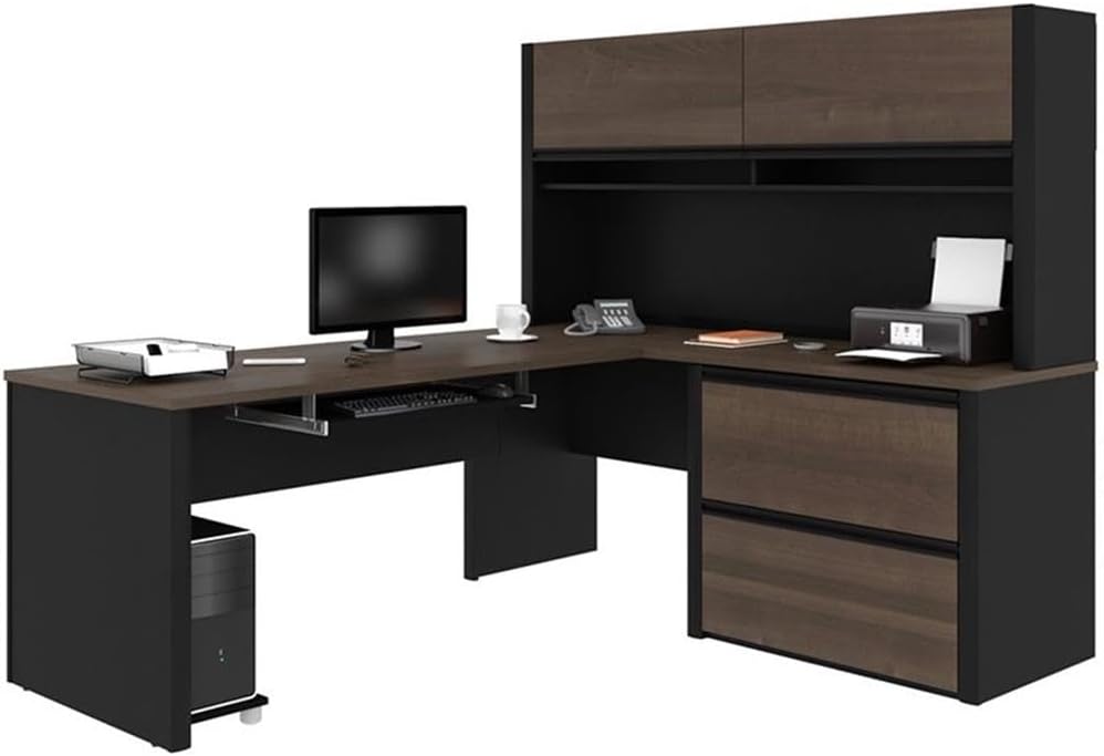 Pemberly Row 5 Piece L-Shaped Computer Desk with Hutch, Antigua and Black Finish, Commercial Grade Particle Board and Melamine, 71 in Wide, 82 in Deep, Office Desk with Storage, File Cabinet, Shelves