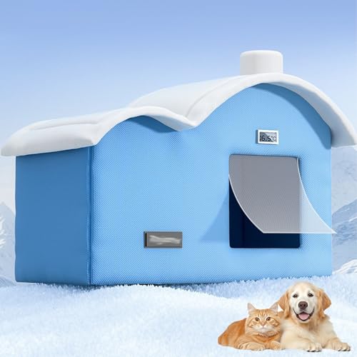 ペットハウス 夏 保冷 氷ボックス付き ペットエアコンルーム猫犬兼用 可愛い 大きめ ペットベッド ひんやり 冷感 冷暖房 カーテン付き 折り畳み 暑さ対策 犬用クーラーハウス オールシーズン 猫 冷感ベッド 冷却素材 通気 丈夫 屋内 屋外用 (ブルー,