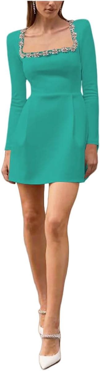 Long Sleeves Short Wedding Dresses for Bride Satin Mini Square Neck Formal Evening Bridal Dress