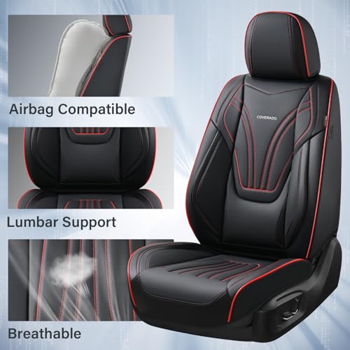 Image of Coverado Car Seat Covers Front Seats, 2 Piece Car Seat Protector with Lumbar Support & Removable Headrest, Breathable Leather Seat Cushion Universal Fit for Truck Automotive Vehicles Black & Red