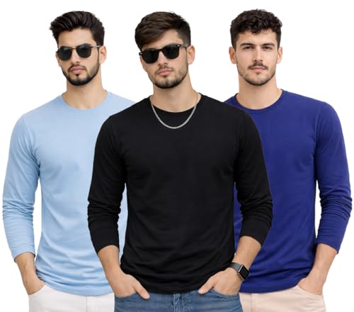 Image of Men's Regular Fit Plain Full Sleeve T- Shirt, Spun Cotton Fabric, Soft and Comfortable Casual Everyday Wear (Pack of 3) (Size Range S to 2XL)