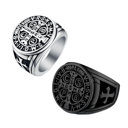 LAOYOU 2Pcs Saint Benedict Pack St. Benedict Ring and Medal Necklace for Men Stainless Steel Ghost Hunter Christian Catholic Protection Amulet Jewelry Gift for Men Black/Silver