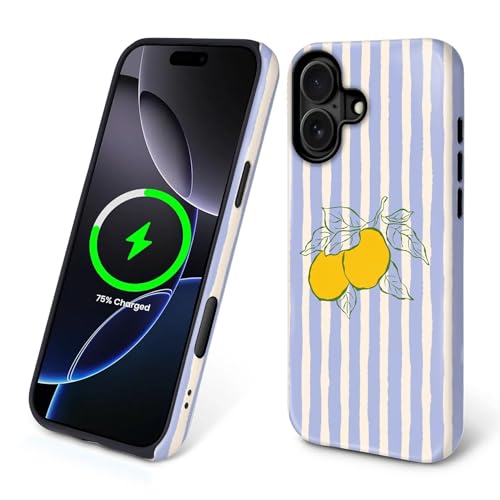 TAMEFOX Case for iPhone 16 Plus,[Compatible with MagSafe],Anti Drop Scratch Protective Magnetic Cover for Women Girl-Lemons Stripes Pattern