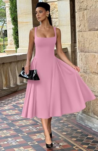 Image of Memoriesea Women's Elegant Square Neck Swing A Line Wedding Evening Party Midi Dress