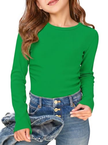 Image of Haloumoning Girls Long Sleeve Shirts Crewneck Ruched Side Slim Fit Tops Ribbed Knit Casual Tee Shirt 4-15 Years