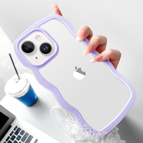 Image of MIDOS Back Cover Compatible with iPhone 14 Plus, Cute Curly Wave Frame Clear Case for Girls Women, Transparent Soft Silicone TPU Bumper Shockproof Protective Cover for iPhone 14 Plus (Purple)