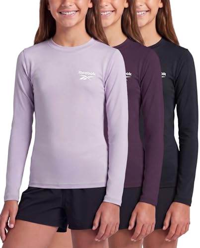 Image of Reebok 3 Pack: Girls' Long Sleeve Rashguard Swim Shirt, UPF Sun Protection Rasghguard Swimsuit for Kids Teens Tweens