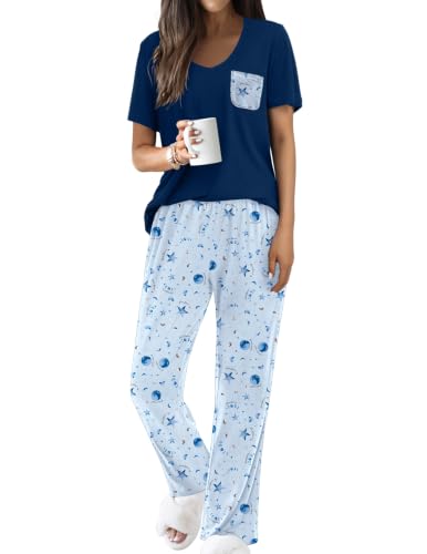 Image of Ekouaer Pajama Sets for Women 2 Piece Short Sleeve Pj V Neck Chest Pocket | Ladies Pajama Sets with Printed Long Pants, Soft Matching Pj Sleepwear, Casual Loose Fall Loungewear, S-XXL