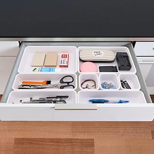 8 Pack Desk Drawer Organisers, Interlocking Drawer Dividers with 3 Sizes, Versatile Storage Boxes Drawers Organizer for Kitchen, Office, Makeup, Bathroom (White)