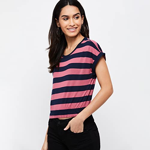 Image of Max Women's Striped Round Neck Cropped Regular Fit T-Shirt