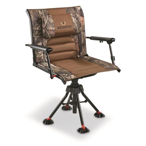 Bolderton 360 Degree Swivel Hunting Blind Chair with Armrests, 300 lbs Capacity, Folding, Lightweight, Portable, Padded Cushion Hunting Seat Mossy Oak Country Camo