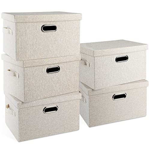 Graciadeco Medium 15' 21 Quart Collapsible Stackable Storage Bins with Lids, 5 Packs Beige Foldable Fabric Closet Boxes Heavy-duty Linen Cube Baskets Container for Bedroom Office (15 x 11 x 8)