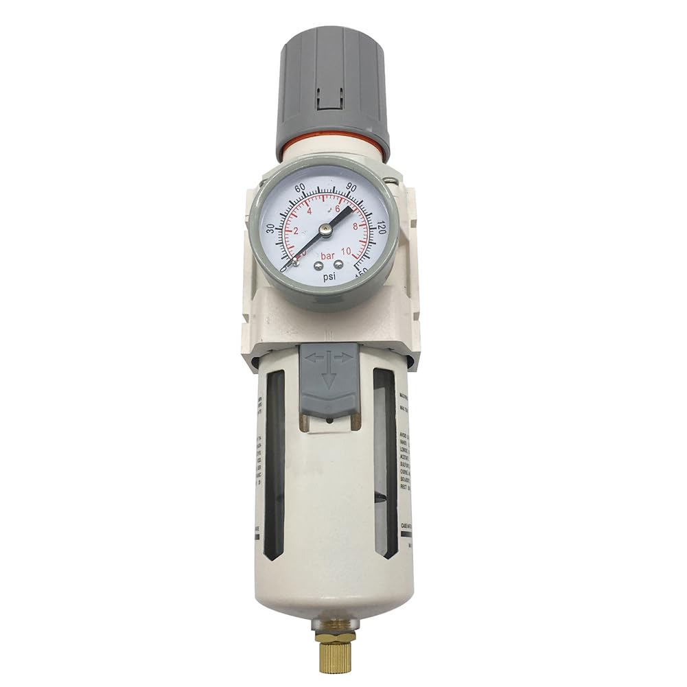 3/8" NPT Air Filter Pressure Regulator Combo Water Separator 0-150 psi Gauge for Air Compressor Line Semi-Auto Drain 5 Micron Brass Element