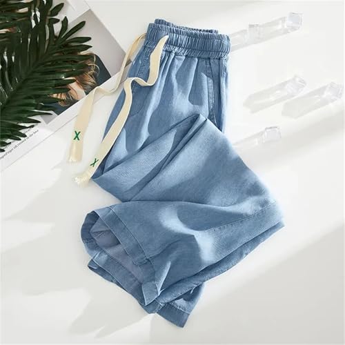 Women's Tencel Jeans High Elastic Waist Thin Loose Denim Pants Casual Drawstring Straight Jeans3