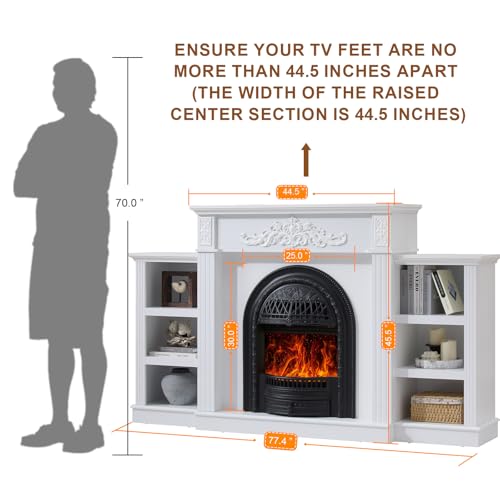 Image of 78 inch Electric Fireplace with Mantel, Electric Fireplace Heater Entertainment Center with Storage, TV Stand for TVs Up to 90 Inch, Stacked Stone Surround 30'' Fireplace Insert Heater Living Room-White