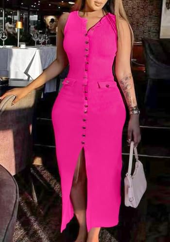 Image of Famnbro Womens Elegant Dress Knit Sleeveless 2025 Summer Button Bodycon Office Work Business Casual Dresses
