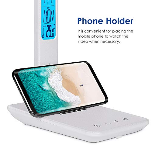LED Desk Lamp Office,Desktop Lamp with Clock,Desk Light with Phone Holder,Study Lamp for Reading/Studying/Working,Eye-Caring,Battery Operated,3 Lighting Modes with 5 Brightness Levels, White - Image 4