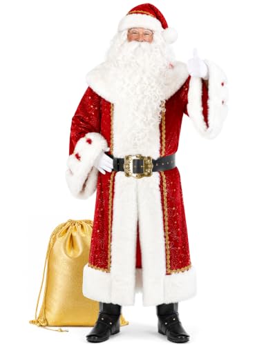 Ahititi Santa Claus Costume for Men 11Pcs Deluxe Santa Suit Long Jacket Adult Christmas Cosplay Party Xmas Holiday Outfit