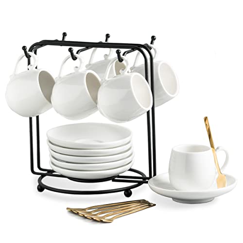 La Mejor Selección de Tazas para espresso más recomendados. 50 LYEOBOH - Juego de tazas de café espresso con platillos y tazas de café de 3 onzas con soporte de metal y cucharas, tazas de café de capuchino de cerámica, tazas de demitasse...