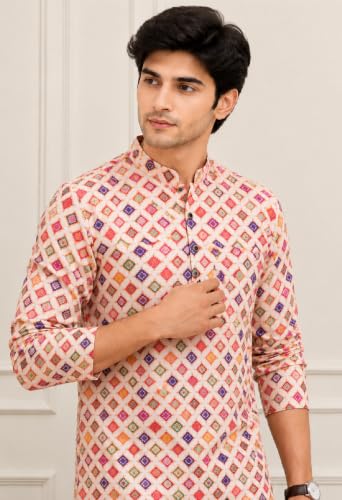Image of FOXDX Men's Cotton Kurta, Ethnic Printed Kurta for Perfect Ethnic Look, Stand Collar Long Sleeve Casual Printed Regular Long Kurta