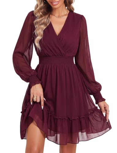 Image of Prettywear Women's Chiffon Long Sleeve Wrap Neck Wedding Guest Mini Dress | Wrap V Neck Smocked Waist Flowy Dress, Spring Fall Outfits for Cocktail, Vacation, Date Night Party