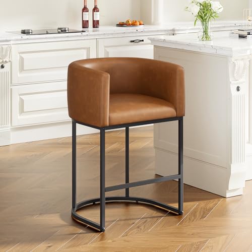 Image of 26 inch H Counter Height Bar Stools Set of 1, Modern Barrel Counter Stools with Backrest and Arms, Faux Leather Upholstered Accent Barstools for Kitchen Island,Support 450 LBS (Walnut Brown