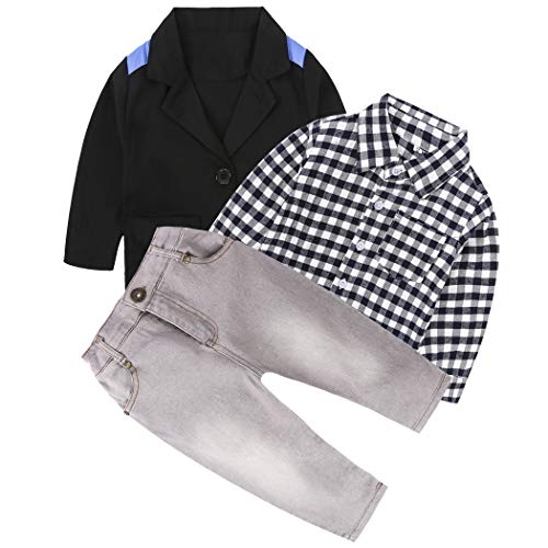Image of MYGBCPJS 3Pcs Boy Handsome Outfit Set Plaid Shirt + T-Shirt + Suspender Jean Sets