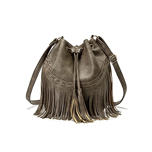 Gladdon Leather Bucket Bags For Women Crossbody Fringe Purses With Drawstring Ladies Tassel Hobo And Shoulder Handbags Grey cover