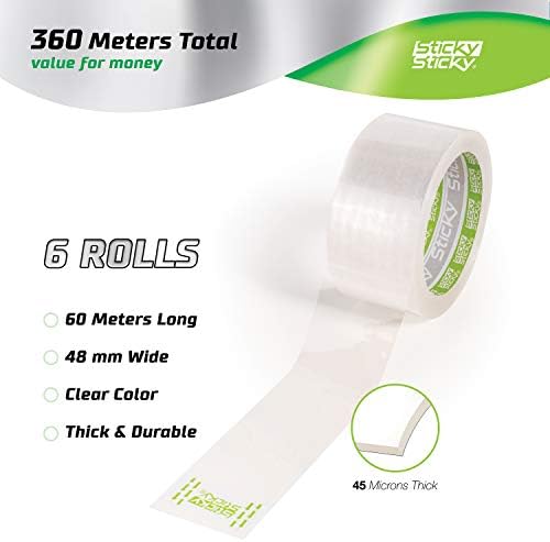 Sticky Sticky Packing Tape 6 Rolls 48mm x 60m - Clear Parcel Tape for Boxes - Packaging Tape for Moving House - Clear Packing Tape - Transparent Shipping Tape for Packing Parcels