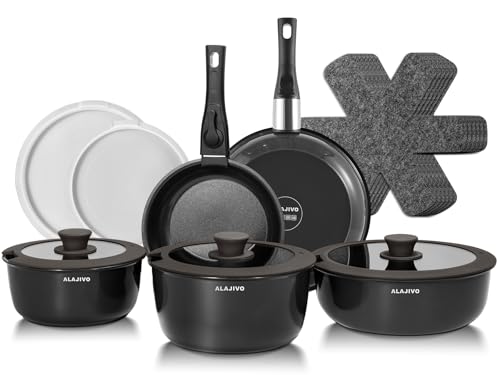 Topfset mit Abnehmbarer Griff, 17-Teilig Topfsets Pfannenset mit Keramik Antihaft Beschichtet, Topfset Induktion Kochtopf Set mit Deckel