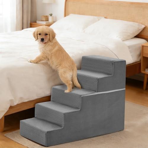 KMFurnila 5-Step Dog Stairs for Large Dogs and Cats 23in H Dog Steps for Couch Sofa Chair Non-Slip Sturdy Pet Steps Pet Ramp for High Bed Indoor Grey