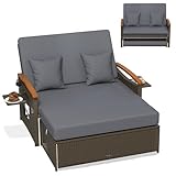 COSTWAY 3 in 1 Polyrattan Sonnenliege, Gartenliege mit Verstellbarer Rückenlehne & ausklappbarem Seitenablage, Loungebett, Doppelliege mit Auflage, Gartensofa mit Hocker für Garten, Terrasse (Grau)