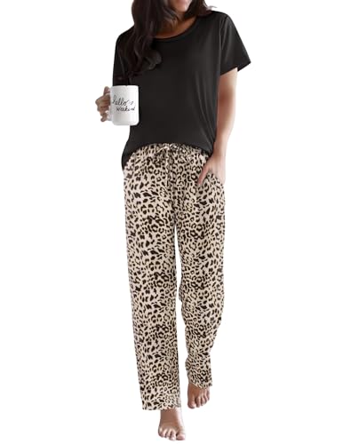Image of Ekouaer Pajama Sets for Women Round Neck Pjs Short Sleeve Sleepwear with Long Pants Loose Lounge Sets