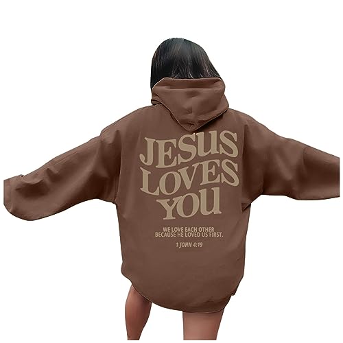 Christian Hoodies for Women Bible Verse Jesus Loves You Letter Graphic Oversized Long Sleeve Pockets Drawstring Sweatshirts Hoodies for Teen Girls (A03-Brown,XL)