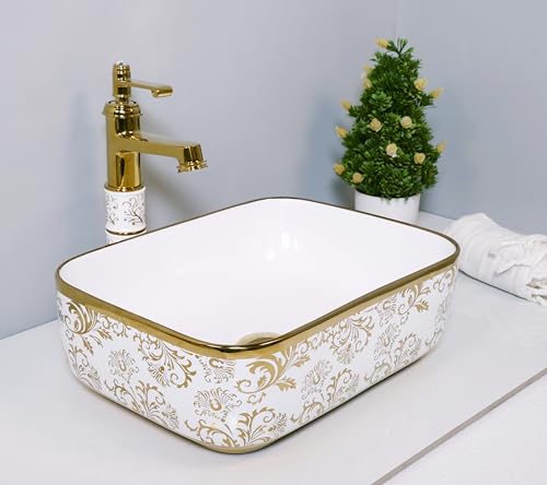 Image of LUXART Ceramic Vessel Sink, Countertop basin White with Gold Floral Art Pattern, 16 x 12 x 6 Inch Rectangular Shape Tabletop Wash Basin for Luxury Bathrooms