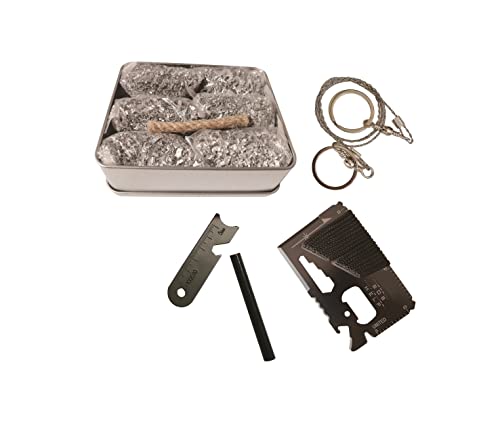eGreen Fire Starter Magnesium 6 Bags 99% Ferro Rods Striker 14 in 1 Tool Saw Wire Wax Jute Rope Free Tin Box (Mg + Ferro Striker + Wire + Blower + Wax Rope)