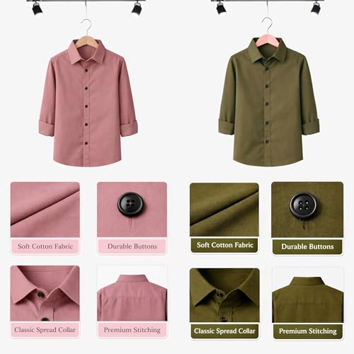 Image of YYQ Pack of 2 Boys Solid Cotton Blend Shirts - Full Sleeve Casual, Soft & Comfortable Spread Collar Shirts for Boys